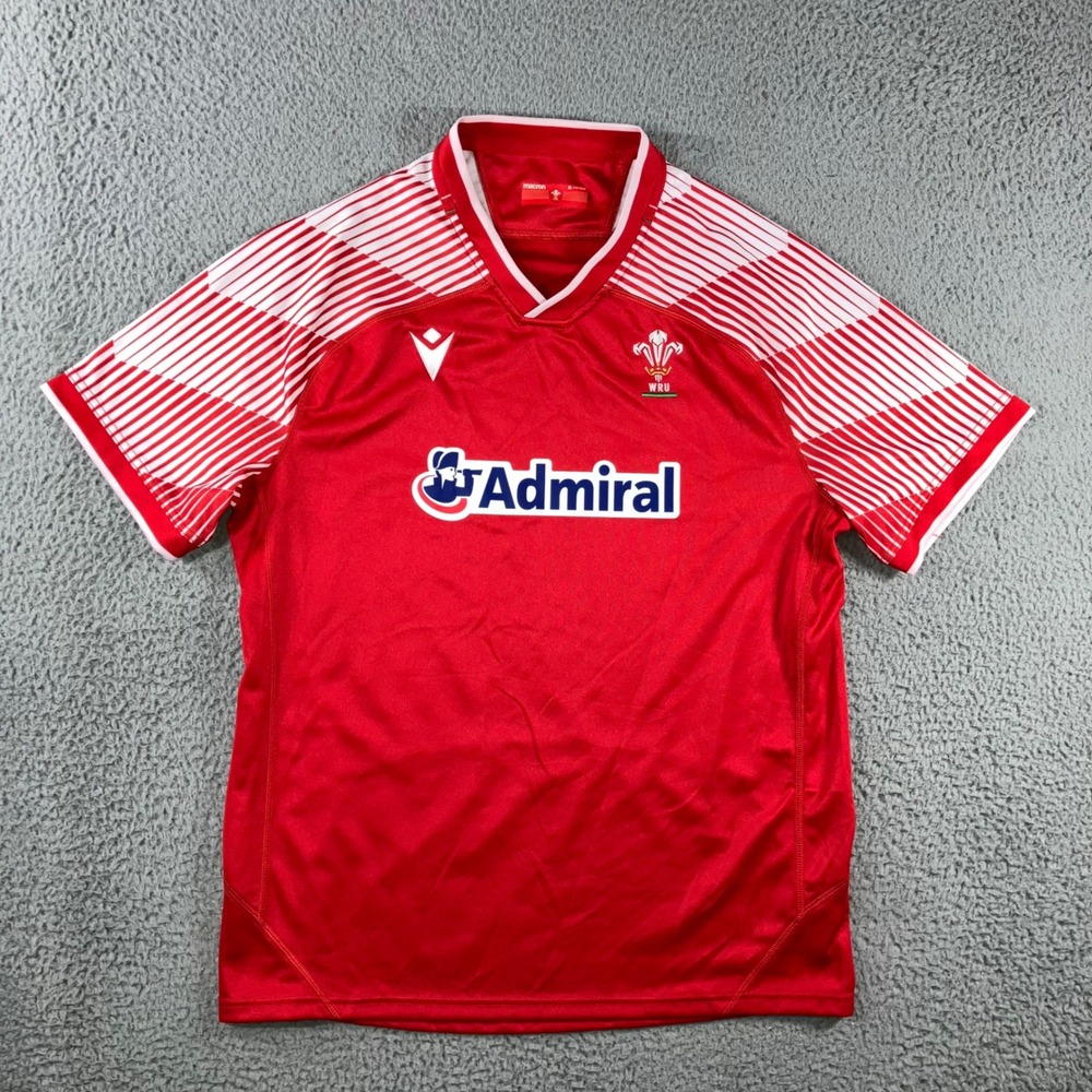 Macron WRU Wales Rugby Jersey Men XL Red White Striped Admiral Sponsor Blokecore